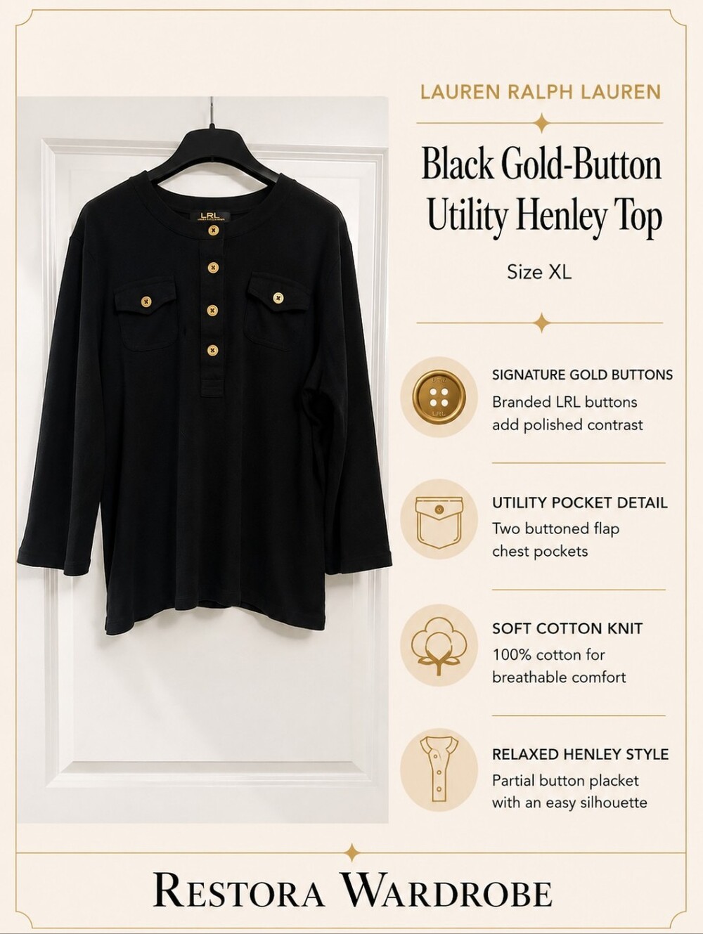 Lauren Ralph Lauren Black Utility Henley Gold Button Cotton Knit Top XL Preppy